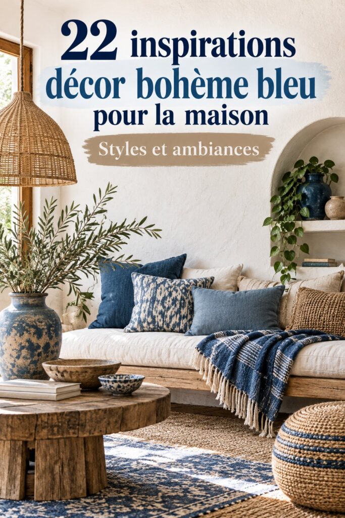 Un intérieur décoré en bleu bohème, mettant en valeur des coussins et un tapis stylés.